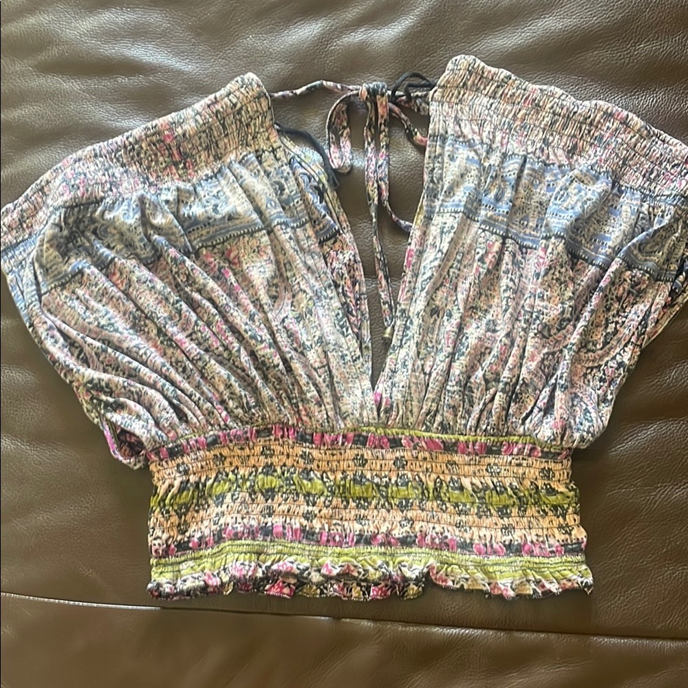 Free People White Smocked Tie Front Sleeveless Blouse